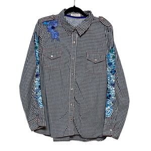 Johnny Was Embroidered Gingham Costal Cowgirl Pearl Snap Top Size L Western Chic